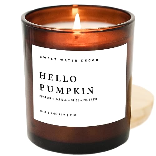 Sweet Water Decor Hello Pumpkin Soy Candle | Pumpkin, Warm Spices, Vanilla | Fall Scented Candle for Home | 11oz Amber Jar Candle, 50+ Hour Burn Time, Made in the USA