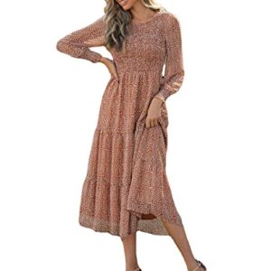 kimralur Womens Casual Long Sleeve Midi Fall Dress Crew Neck Boho Floral Print Smocked Ruffle Tiered Flowy Long Dress