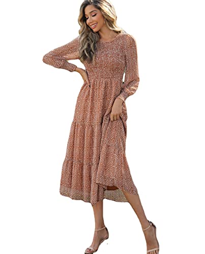 kimralur Womens Casual Long Sleeve Midi Fall Dress Crew Neck Boho Floral Print Smocked Ruffle Tiered Flowy Long Dress