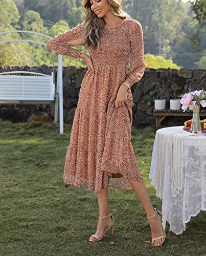 kimralur Womens Casual Long Sleeve Midi Fall Dress Crew Neck Boho Floral Print Smocked Ruffle Tiered Flowy Long Dress