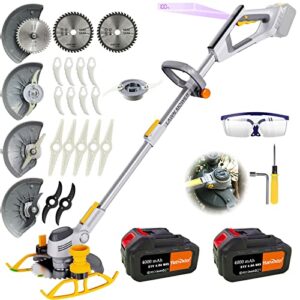 electric weed eater, (2 x 21v 4.0a weed wacker battery powered), 3-in-1 cordless grass trimmer/edger lawn tool/brush cutter, with 4 types blades, for garden and yard (d type handle)