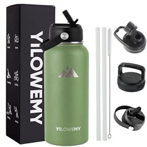 32 oz water bottle stainless steel with straws & 3 lids, double wall vacuum insulated water bottle 32oz leak proof metal thermos mug, 32 ounce wide mouth water jug army green water bottle for sports