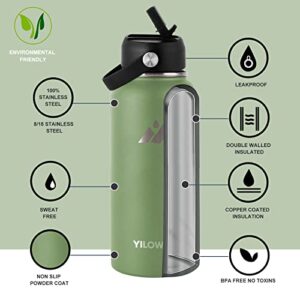 32 oz Water Bottle Stainless Steel with Straws & 3 Lids, Double Wall Vacuum Insulated Water Bottle 32oz Leak Proof Metal Thermos Mug, 32 Ounce Wide Mouth Water Jug Army Green Water Bottle for Sports