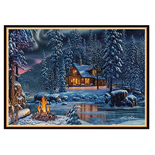 Disxvivy Cross Stitch Stamped Full Embroidery Kits DIY 11CT Cotton Thread Printed DIY Needlepoint Kits DMC Craft Needlework Set Cross-Stitch Stamped Sets-Snowy Night Northern Lights 18.1×26 inchs