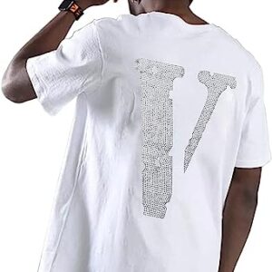 Crewmate Men’s T-Shirt Fashion Big V Letter Printed Shirt Casual Couple Hip Hop Short Sleeve Crystal Diamond T-Shirt