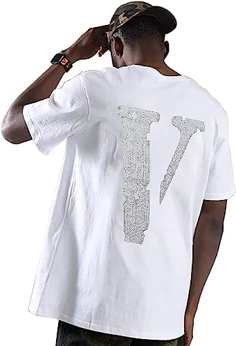 Crewmate Men’s T-Shirt Fashion Big V Letter Printed Shirt Casual Couple Hip Hop Short Sleeve Crystal Diamond T-Shirt