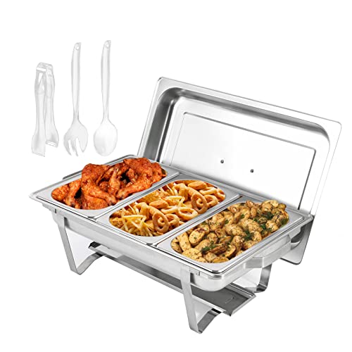 Restlrious Chafing Dish Buffet Set Stainless Steel 8 QT Foldable Rectangular Chafers and Buffet Warmers Sets w/ 3 Third Size Food Pans, Water Pan, Fuel Can for Catering Event Party Banquet, 1 Pack