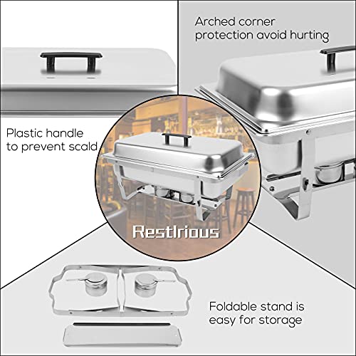 Restlrious Chafing Dish Buffet Set Stainless Steel 8 QT Foldable Rectangular Chafers and Buffet Warmers Sets w/ 3 Third Size Food Pans, Water Pan, Fuel Can for Catering Event Party Banquet, 1 Pack