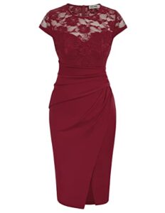 grace karin women's elegant round neck wedding guest floral lace cocktail party dress wine red m