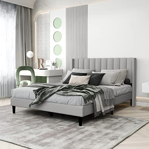 Upholstered Bed Frame Queen with Wingback Headboard/No Box Spring Needed/Wooden Slat Support/Easy Assemble/Light Gray