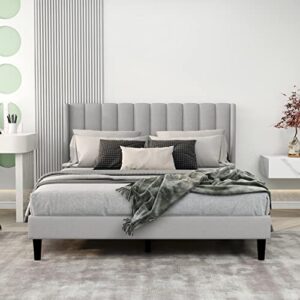 Upholstered Bed Frame Queen with Wingback Headboard/No Box Spring Needed/Wooden Slat Support/Easy Assemble/Light Gray