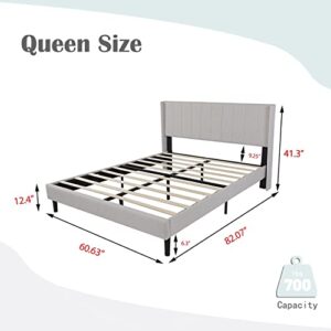 Upholstered Bed Frame Queen with Wingback Headboard/No Box Spring Needed/Wooden Slat Support/Easy Assemble/Light Gray