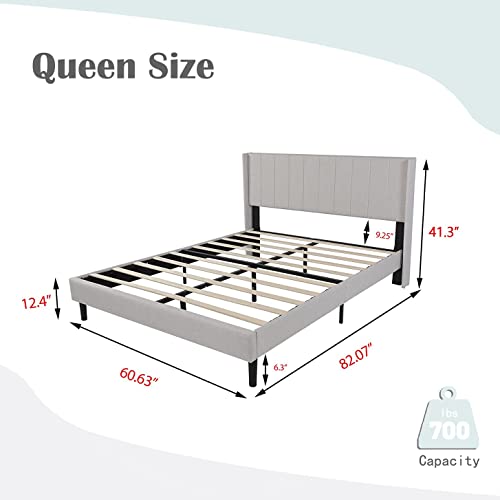 Upholstered Bed Frame Queen with Wingback Headboard/No Box Spring Needed/Wooden Slat Support/Easy Assemble/Light Gray