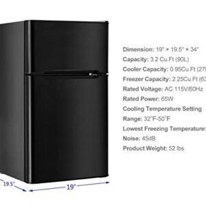 Toolsempire Mini Fridge,3.2 Cu.FT Compact Refrigerator with Freezer, Dual Door Refrigerator with Adjustable Temperature & Removable Glass Shelves, Mini Fridge for Dorm, Office, Bedroom, Kitchen(Black)