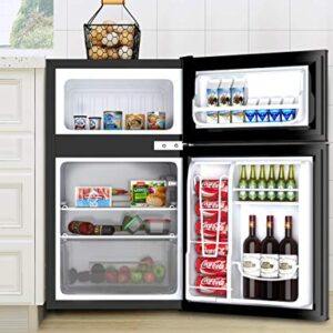 Toolsempire Mini Fridge,3.2 Cu.FT Compact Refrigerator with Freezer, Dual Door Refrigerator with Adjustable Temperature & Removable Glass Shelves, Mini Fridge for Dorm, Office, Bedroom, Kitchen(Black)