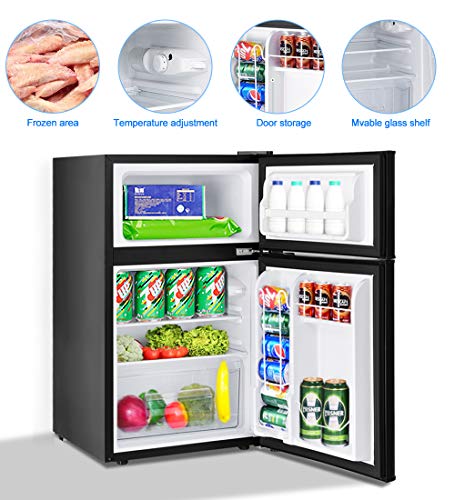 Toolsempire Mini Fridge,3.2 Cu.FT Compact Refrigerator with Freezer, Dual Door Refrigerator with Adjustable Temperature & Removable Glass Shelves, Mini Fridge for Dorm, Office, Bedroom, Kitchen(Black)