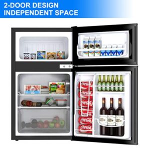 Toolsempire Mini Fridge,3.2 Cu.FT Compact Refrigerator with Freezer, Dual Door Refrigerator with Adjustable Temperature & Removable Glass Shelves, Mini Fridge for Dorm, Office, Bedroom, Kitchen(Black)