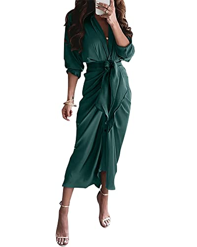 BTFBM Women 2023 Long Sleeve Lapel V Neck Button Down Satin Dress Belted Elegant Ruched Summer Fall Maxi Shirt Dresses(Solid Dark Green, Medium)