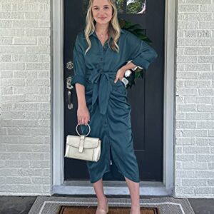 BTFBM Women 2023 Long Sleeve Lapel V Neck Button Down Satin Dress Belted Elegant Ruched Summer Fall Maxi Shirt Dresses(Solid Dark Green, Medium)