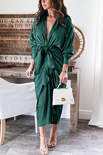 BTFBM Women 2023 Long Sleeve Lapel V Neck Button Down Satin Dress Belted Elegant Ruched Summer Fall Maxi Shirt Dresses(Solid Dark Green, Medium)