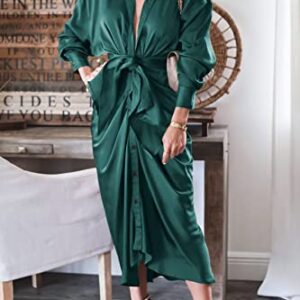 BTFBM Women 2023 Long Sleeve Lapel V Neck Button Down Satin Dress Belted Elegant Ruched Summer Fall Maxi Shirt Dresses(Solid Dark Green, Medium)