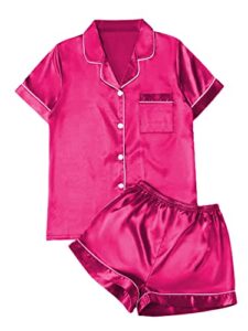remidoo women's satin pajamas short sleeve button down shirt with shorts set 2 piece sleepwear solid hot pink small