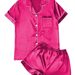 Remidoo Women's Satin Pajamas Short Sleeve Button Down Shirt with Shorts Set 2 Piece Sleepwear Solid Hot Pink X-Large