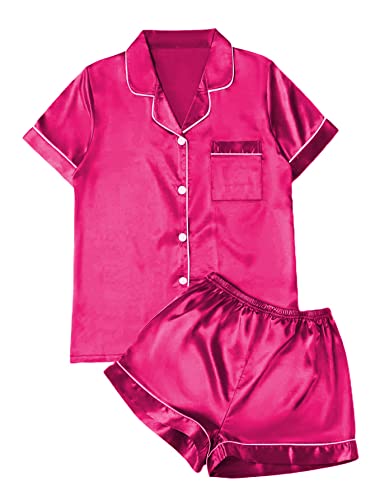 Remidoo Women's Satin Pajamas Short Sleeve Button Down Shirt with Shorts Set 2 Piece Sleepwear Solid Hot Pink X-Large