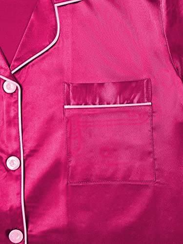 Remidoo Women's Satin Pajamas Short Sleeve Button Down Shirt with Shorts Set 2 Piece Sleepwear Solid Hot Pink X-Large