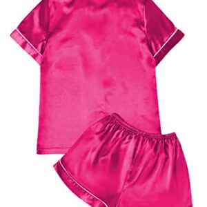 Remidoo Women's Satin Pajamas Short Sleeve Button Down Shirt with Shorts Set 2 Piece Sleepwear Solid Hot Pink X-Large