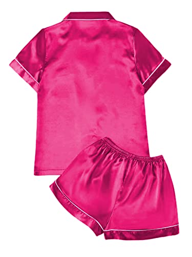 Remidoo Women's Satin Pajamas Short Sleeve Button Down Shirt with Shorts Set 2 Piece Sleepwear Solid Hot Pink X-Large