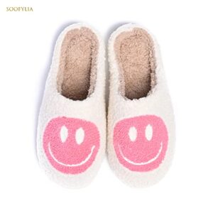 Cute Smile Face Slippers for Women and Men,Soft Plush Comfy Warm Couple Slip-On House Happy Face Slippers For Winter Indoor Outdoor Smile Slippers Non-slip Fuzzy Flat Slides White Pink 4041