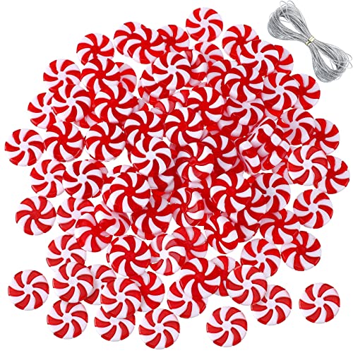 Christmas Candy Cane Ornaments Peppermint Candy Decorations Plastic Candy Canes for Crafts Mini Candy Cane Christmas Hanging Ornaments for Christmas Tree Home Decor (Round Candy Style,100 Pcs)