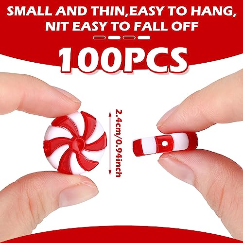 Christmas Candy Cane Ornaments Peppermint Candy Decorations Plastic Candy Canes for Crafts Mini Candy Cane Christmas Hanging Ornaments for Christmas Tree Home Decor (Round Candy Style,100 Pcs)