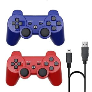 rzzhgzq 2 pack ps3 wireless controller playstation 3 controller wireless bluetooth gamepad with usb charger cable for ps3 console (blue+red)