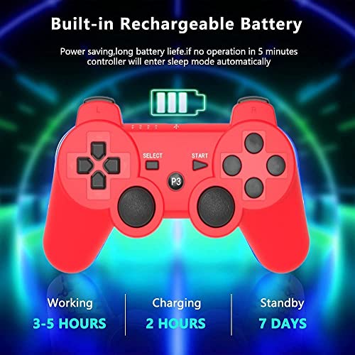Rzzhgzq 2 Pack PS3 Wireless Controller Playstation 3 Controller Wireless Bluetooth Gamepad with USB Charger Cable for PS3 Console (BLUE+RED)