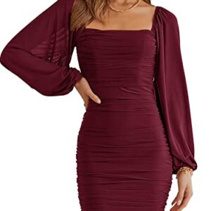 ANRABESS Women's Square Neck Mesh Long Sleeve Ruched Bodycon Mini Dress Party Club Cocktail Short Dresses s 642jiuhong-L Wine Red