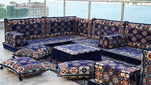 Navy Blue U Shaped Arabic Floor Sofa Set, Floor Cushions, Balcony Patio Sofas, Pallet Sofa, Ethnic Sofa, Moroccan Sofas, Sectional Sofas, Pouffs (U Sofa Full Set)