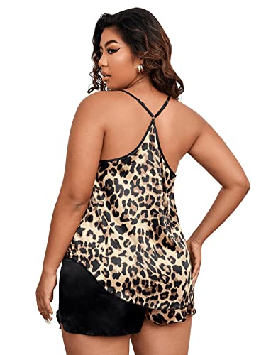 SOLY HUX Women's Plus Size Satin Sleepwear Leopard Print Color Block Cami Top and Shorts Pajama Set Black 3XL