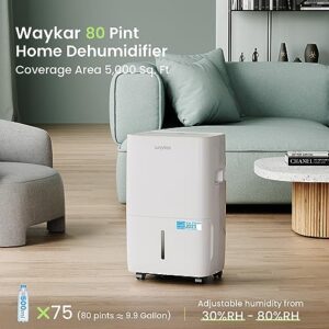 Waykar 80 Pints Energy Star Dehumidifier for Spaces up to 5,000 Sq. Ft at Home, in Basements and Large Rooms with Drain Hose and 1.14 Gallons Water Tank (JD025CE-80)