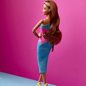 Barbie Looks Doll with Brown Hair Dressed in One-Shoulder Pink and Blue Midi Dress, Posable Made to Move Body Small