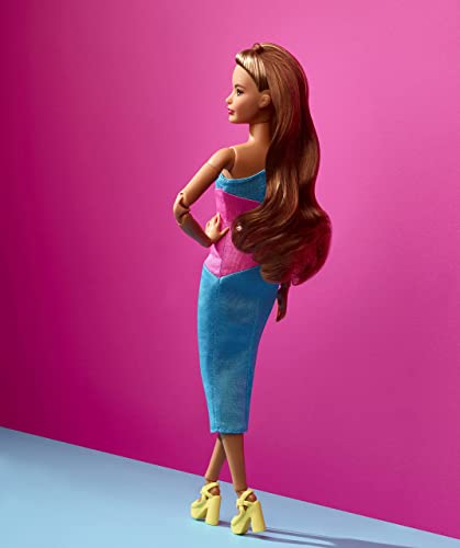 Barbie Looks Doll with Brown Hair Dressed in One-Shoulder Pink and Blue Midi Dress, Posable Made to Move Body Small