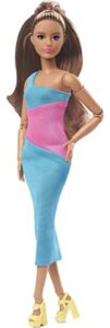 barbie looks doll with brown hair dressed in one-shoulder pink and blue midi dress, posable made to move body small