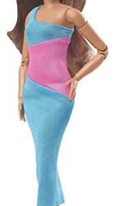 Barbie Looks Doll with Brown Hair Dressed in One-Shoulder Pink and Blue Midi Dress, Posable Made to Move Body Small