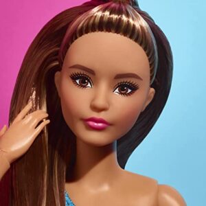 Barbie Looks Doll with Brown Hair Dressed in One-Shoulder Pink and Blue Midi Dress, Posable Made to Move Body Small