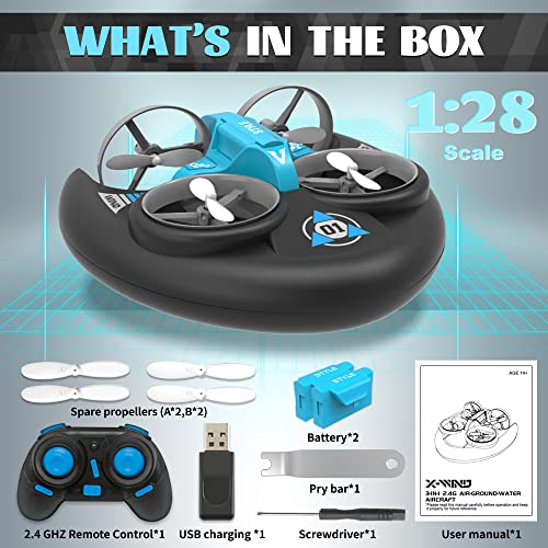 Toys for 5-10 Year Old Boys, 20+ MPH Fast RC Boat Pool Toys for Kids 8-12, 3 in 1 Remote Control Car for Boys, Waterproof RC Monster Truck RC Drone, Sea Land Air Outdoor Toys, Birthday Gifts for Boys