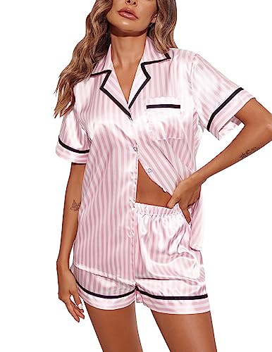 Ekouaer Womens Short Satin Pajama Sets Comfortable Relaxed Button Front Silk Sleepwear Set (Pink Stripe,L)