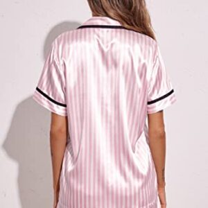 Ekouaer Womens Short Satin Pajama Sets Comfortable Relaxed Button Front Silk Sleepwear Set (Pink Stripe,L)