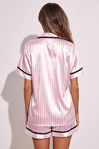Ekouaer Womens Short Satin Pajama Sets Comfortable Relaxed Button Front Silk Sleepwear Set (Pink Stripe,L)