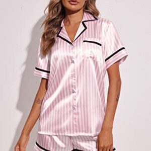 Ekouaer Womens Short Satin Pajama Sets Comfortable Relaxed Button Front Silk Sleepwear Set (Pink Stripe,L)